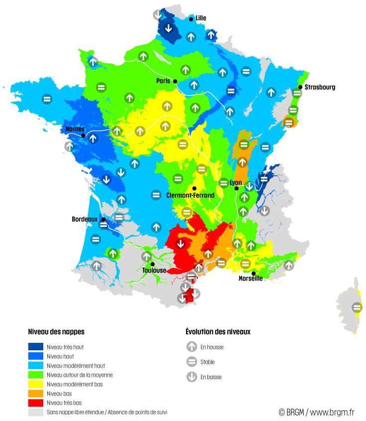 Carte de France montrant la situation des nappes phréatiques en mars 2024